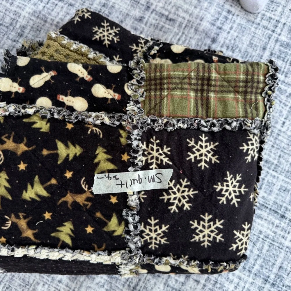 Handmade Winter Rag Quilt Patchwork Throw Blanket Snowman Reindeer Plaid 48x55